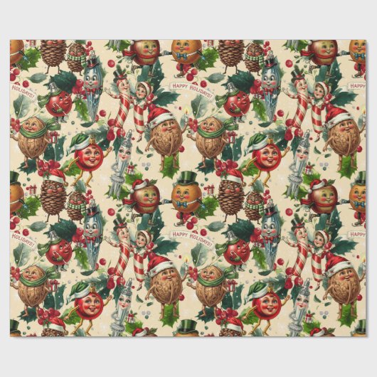 Grappige kerstpersonages cadeaupapier (Vlak)