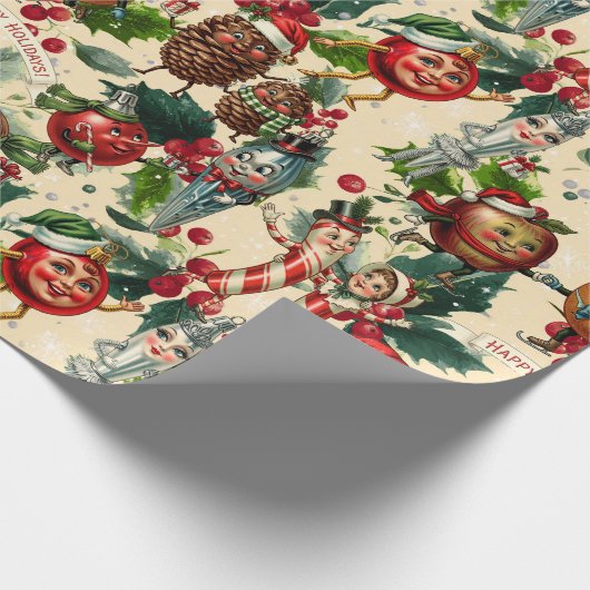 Grappige kerstpersonages cadeaupapier (Hoek)