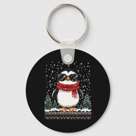 Grappige Kerstpinguïn Met Zonnebrillen Lelijk Kers Sleutelhanger (Voorkant)