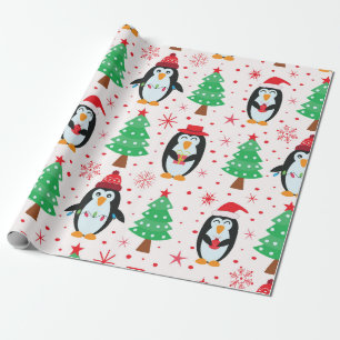 Grappige Kerstpinguïns met vakantiebomen  Cadeaupapier
