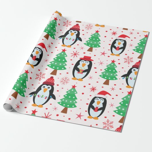 Grappige Kerstpinguïns met vakantiebomen  Cadeaupapier (Uitgerold)