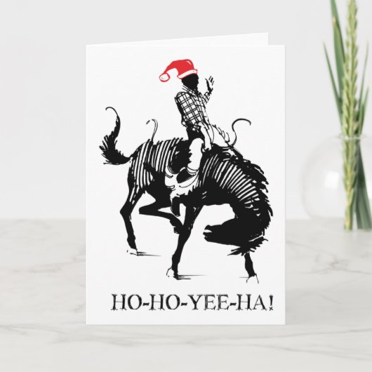 Grappige Kerstrodeo Santa op zwart paard Feestdagen Kaart (Voorkant)