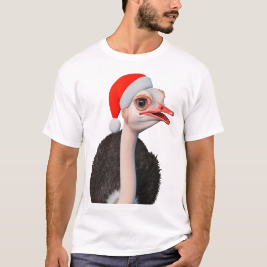 Grappige Kerststruis in Kerstmanhoed T-shirt (Voorkant)