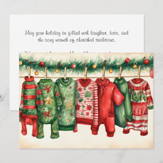 Grappige kersttruien op een lijn feestdagenkaart (Voorkant / Achterkant)