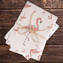 Grappige Kerstvakantie Flamingo Lichtjes Wit Roze Inpakpapier Vel