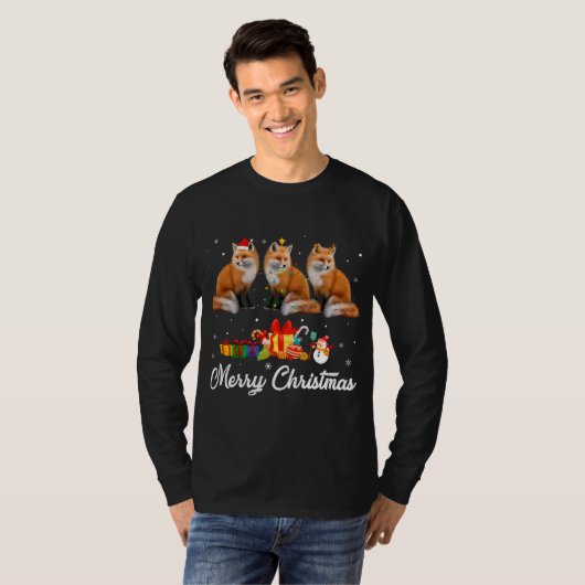 Grappige Kerstverlichting Kerstmis Pyjama Fox Dier T-shirt (Voorkant volledig)