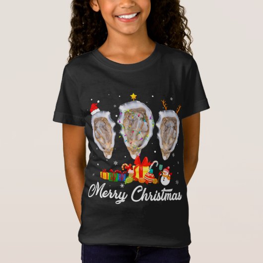 Grappige Kerstverlichting Kerstmis Pyjama Oester D T-shirt (Voorkant)