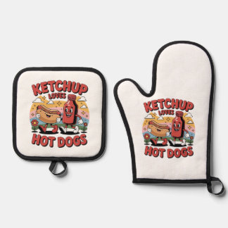 Grappige Ketchup en Hot Dog Cartoon Retro Food Art Ovenwant & Pannenlap Set
