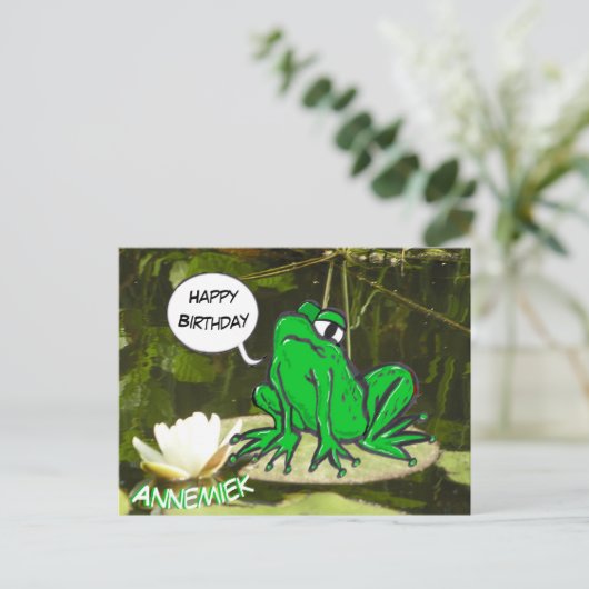 Grappige kikker aangepaste tekst Gefeliciteerd kaa Briefkaart (Staand voorkant)