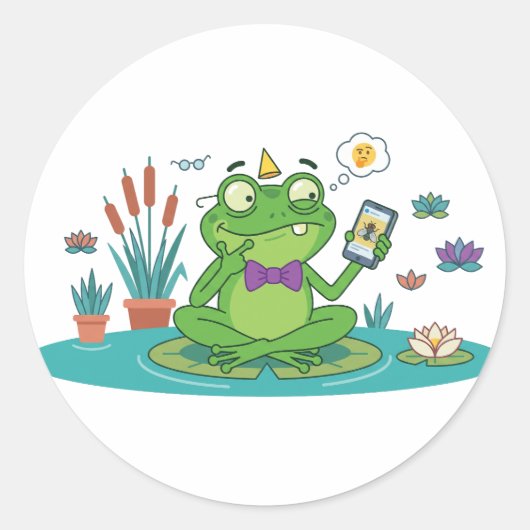 Grappige kikker browsen op smartphone ronde sticker (Voorkant)