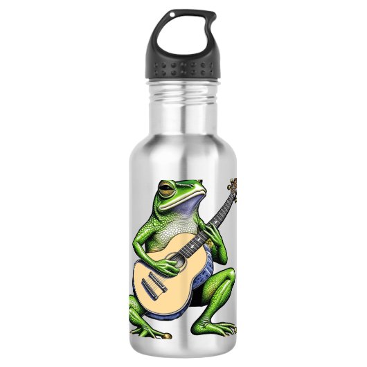 Grappige kikker die gitaar speelt   waterfles  (Voorkant)