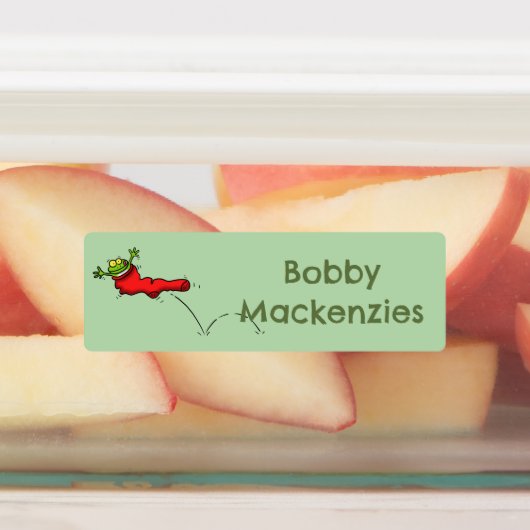 Grappige kikker in een rode sok cartoon gepersonal labels (Aangebracht)