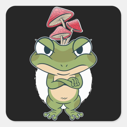 Grappige kikker met paddenstoelen vierkante sticker (Voorkant)