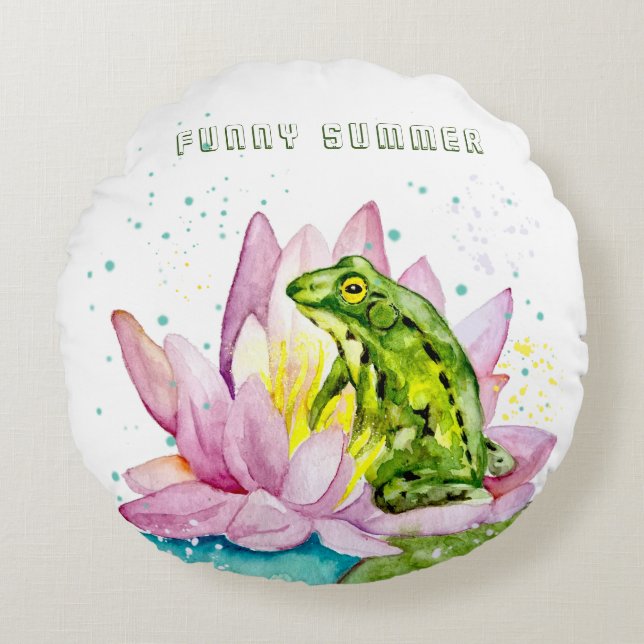 Grappige kikker op een lotus rond kussen (Voorkant)