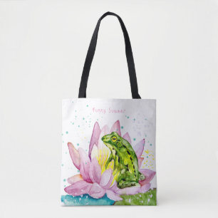 Grappige kikker op een lotus tote bag