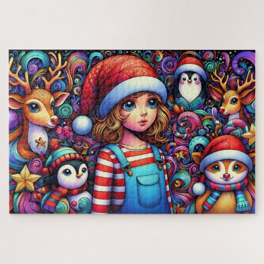 Grappige kinderen en dieren kerst legpuzzel (Horizontaal)