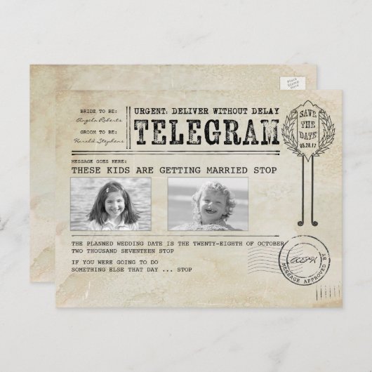 Grappige kinderfoto's | De datum van het telegram  Aankondigingskaart (Voorkant / Achterkant)