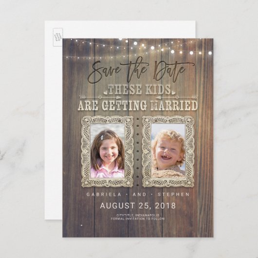 Grappige kinderfoto's | Rustic Wood - Red de datum Aankondigingskaart (Voorkant / Achterkant)