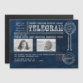 Grappige kinderfoto's Sla de datum op Telegram Magnetische Uitnodiging