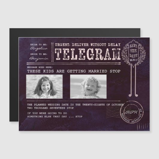 Grappige kinderfoto's Sla de datum op Telegram Magnetische Uitnodiging (Voorkant / Achterkant)