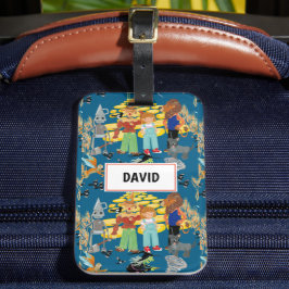 Grappige kinderpersonages op donkerblauw bagagelabel