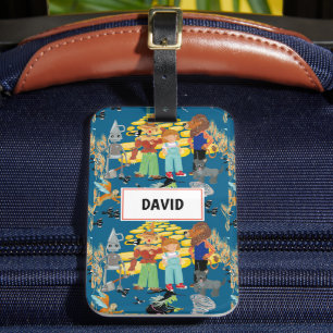 Grappige kinderpersonages op donkerblauw bagagelabel