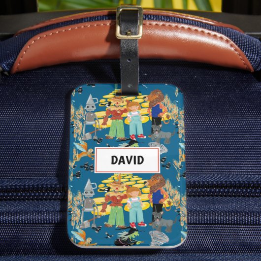 Grappige kinderpersonages op donkerblauw bagagelabel (Voorkant Insitu 2)