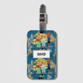 Grappige kinderpersonages op donkerblauw bagagelabel (Voorkant (verticaal))