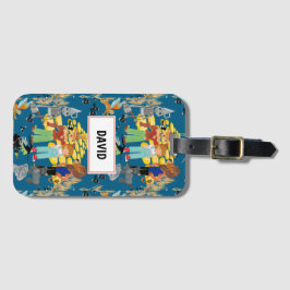 Grappige kinderpersonages op donkerblauw bagagelabel