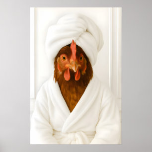 Grappige Kip Badkamer Print, Kip In Badjas Poster