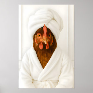 Grappige Kip Badkamer Print, Kip In Badjas Poster