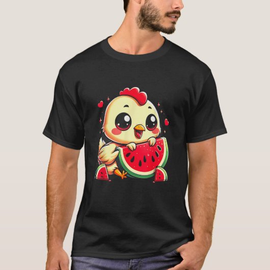 Grappige Kip Eten Watermeloen Fruit Summer Farmi T-shirt (Voorkant)