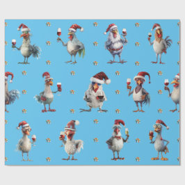 Grappige Kip Kerstmis Vakantie Wijn Party Blauw Cadeaupapier