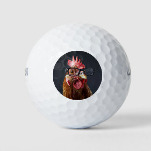 Grappige kip met een bril golfballen