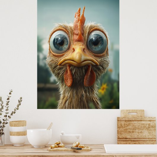 Grappige Kip met Grote Ogen Close-Up Poster (Keuken)