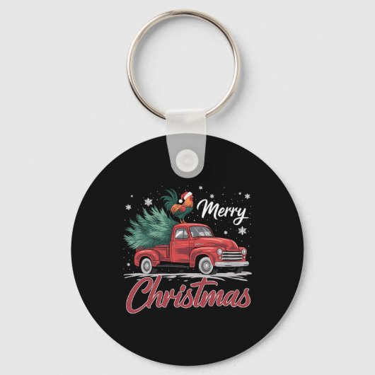 Grappige kip op rode vrachtwagen kerstboom Kerstmi Sleutelhanger (Voorkant)