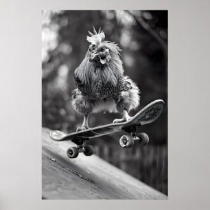 Grappige Kip Skateboarden Kunst Vintage Zwart Poster