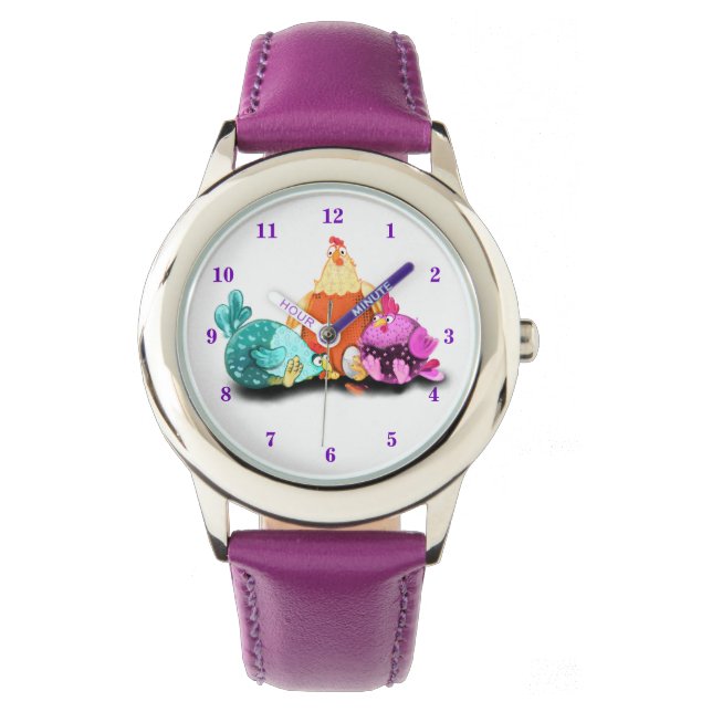 Grappige kip wachtend ei om horloge uit te komen (Voorkant)