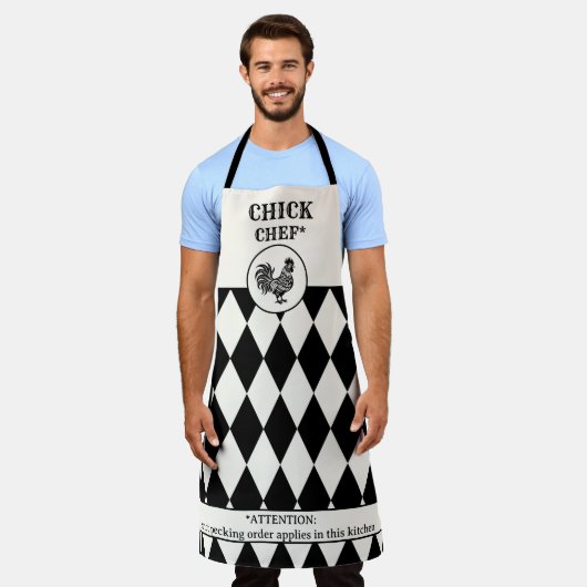 Grappige kip zwart en off-wit schort (Gedragen)