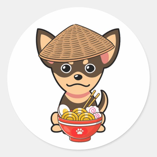 Grappige kleine hond eet noedels ronde sticker (Voorkant)
