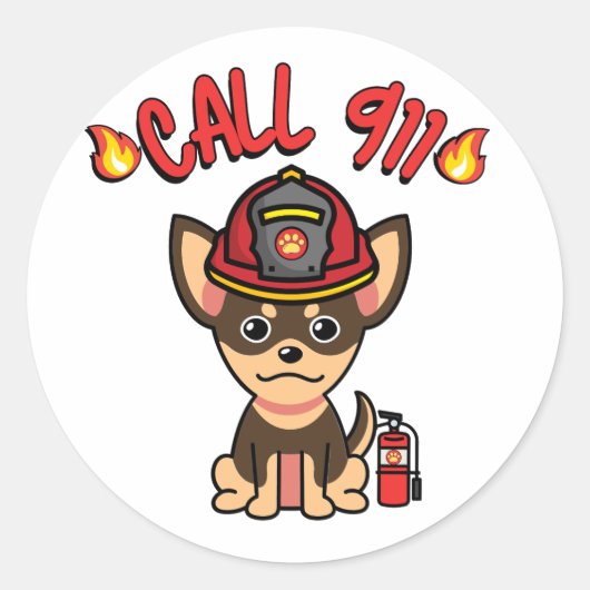 Grappige kleine hond is een brandweerman ronde sticker (Voorkant)
