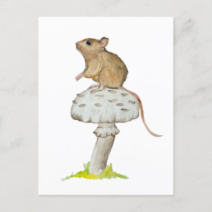 Grappige kleine muis op een paddenstoel waterverf feestdagenkaart
