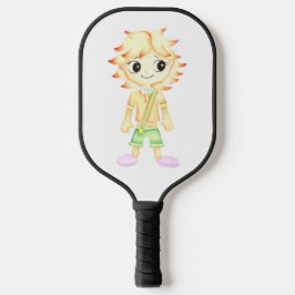 Grappige kleine roodharige jongen pickleball paddle