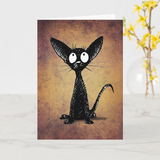 Grappige kleine zwarte oosterse kat kunst kaart (Gele Bloem)