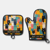 Grappige Kleurrijke Gezichten Beste Kat Mama Ovenwant & Pannenlap Set (Voorkant)