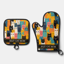 Grappige Kleurrijke Gezichten Beste Kat Mama Ovenwant & Pannenlap Set