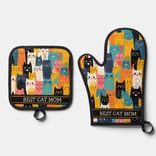 Grappige Kleurrijke Gezichten Beste Kat Mama Ovenwant & Pannenlap Set (Voorkant)