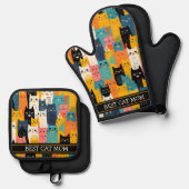 Grappige Kleurrijke Gezichten Beste Kat Mama Ovenwant & Pannenlap Set (Voorkant / Achterkant)