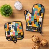Grappige Kleurrijke Gezichten Beste Kat Mama Ovenwant & Pannenlap Set (Top down)