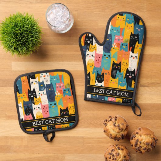 Grappige Kleurrijke Gezichten Beste Kat Mama Ovenwant & Pannenlap Set (Top down)
